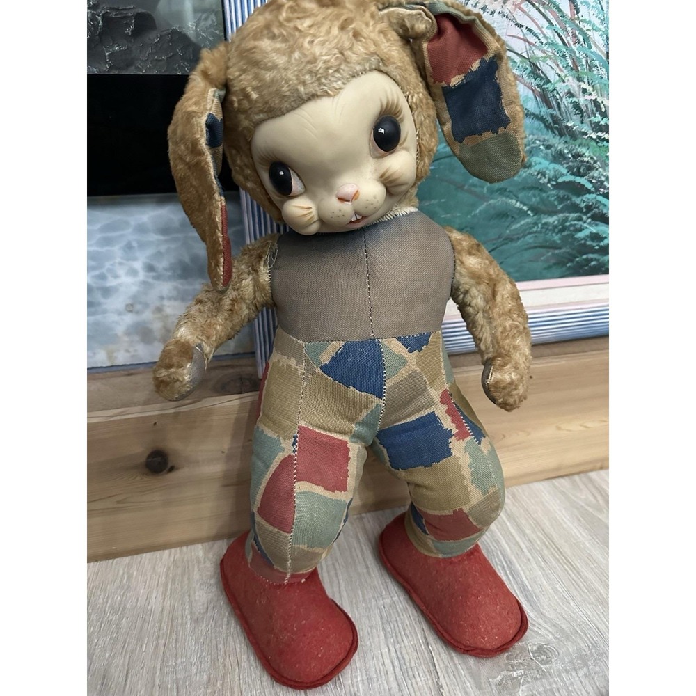 Vintage Rushton Star Creation Rubber Face Bunny Rabbit Patchwork Plush Toy